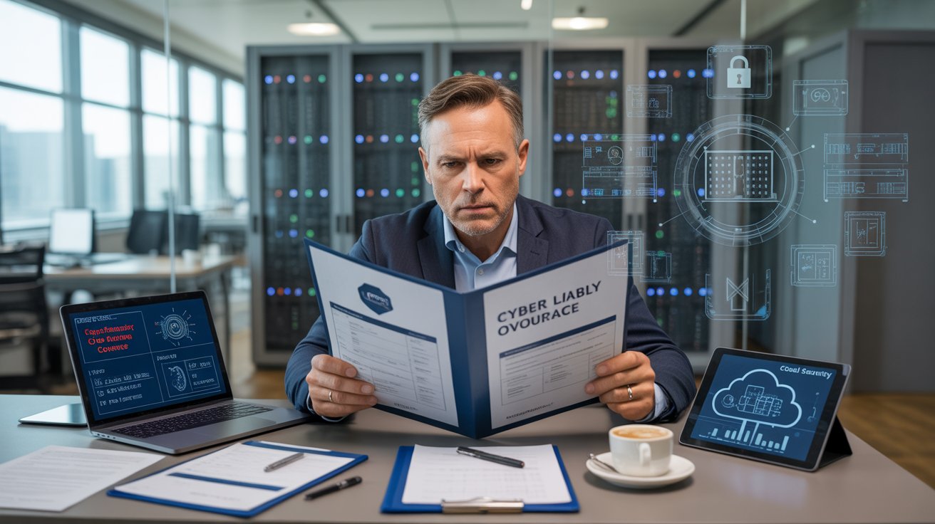 Cyber Liability Insurance 2026 enterprise cloud security protection with business owner reviewing data breach insurance policy and security dashboard"