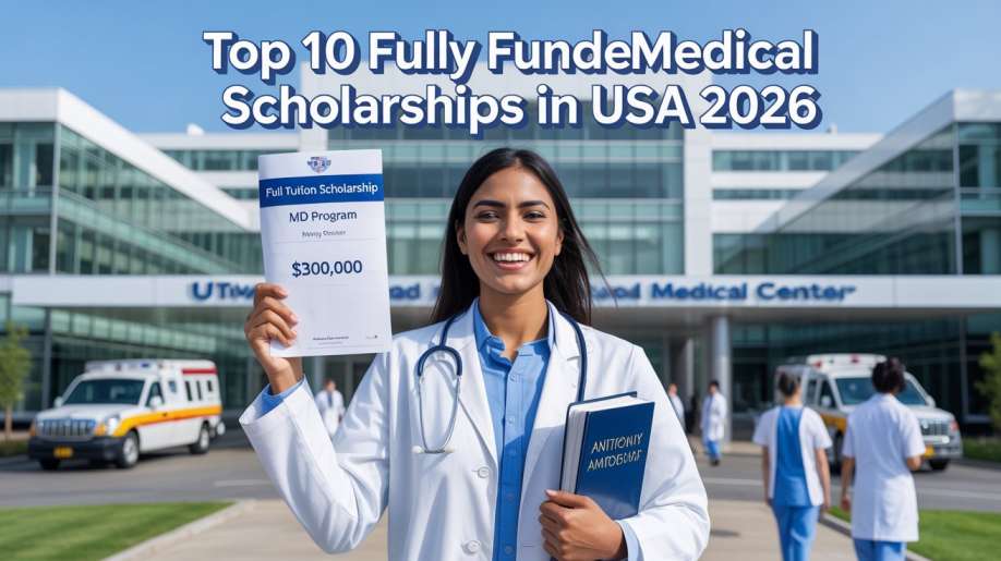 Top 10 Fully Funded Medical Scholarships in USA 2026 showing focused Indian medical student wearing white coat and stethoscope smiling outside modern American hospital holding scholarship award letter