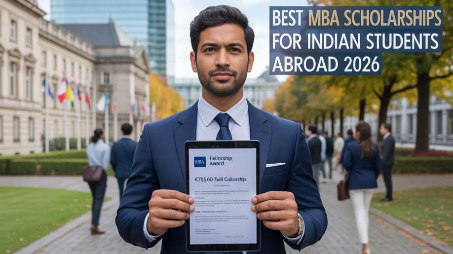 Best MBA Scholarships for Indian Students Abroad 2026 showing confident Indian male professional in sharp business suit holding digital scholarship award letter in front of historic European business school campus
